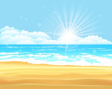 Vektör illüstrasyon. Mavi deniz ve gökyüzü arka planı. Yaz tatili tropikal plaj arka plan