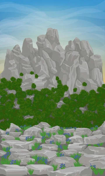 Horská Krajina Modrými Květy Hory Stromy Oblohou Mraky Vektorová Ilustrace — Stockový vektor