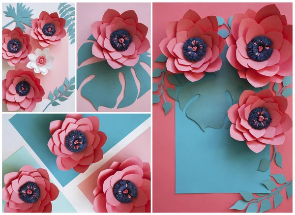 Palmiye dalları ve pembe çiçeklerile kolaj. Renkli tropikal fflowers.