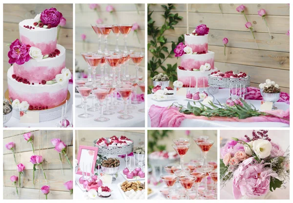 結婚式のコラージュ。キャンディーバー。花で飾られた白いケーキ. — ストック写真