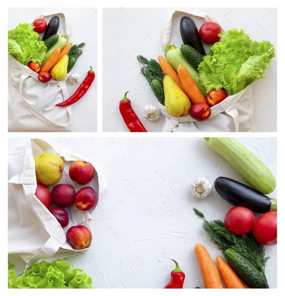 Food collage. Textile bag filled with vegetables and fruits, top — Stock Photo, Image