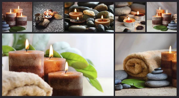 Toalla con velas y piedra. Masaje de piedra caliente . — Foto de Stock