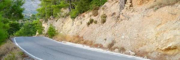 asphalt road in the Mediterranean mountains covered with pine trees. banner