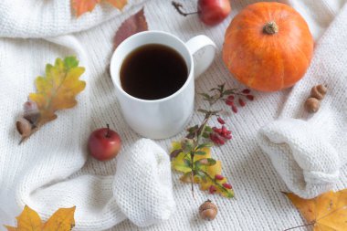 Bir fincan sıcak kahve ve renkli sonbahar yaprakları ve daha sıcacık bir görünüş. Merhaba, Autumn..