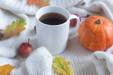 Bir fincan sıcak kahve ve renkli sonbahar yaprakları ve daha sıcacık bir görünüş. Merhaba, Autumn..