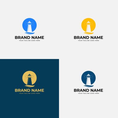 Negatif uzay feneri, Beacon logo tasarım şablonu vektör çizimi. Modern soyut basit logot simgesi tasarımı. Deniz fenerleri ve okyanus dalgaları.