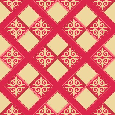 Etnik unsurlu dekoratif, pürüzsüz desen. Kırgız ve Kazak süslemeleri. Geçmişin dokusu, tatil kartları, davetiyeler, duvar kağıtları, desenler, kumaşlar, hediye ambalajları, tekstil. Vektör.