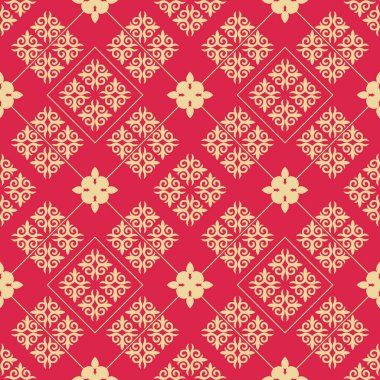 Etnik unsurlu dekoratif, pürüzsüz desen. Kırgız ve Kazak süslemeleri. Geçmişin dokusu, tatil kartları, davetiyeler, duvar kağıtları, desenler, kumaşlar, hediye ambalajları, tekstil. Vektör.