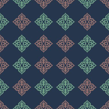 Etnik unsurlu dekoratif, pürüzsüz desen. Kırgız ve Kazak süslemeleri. Geçmişin dokusu, tatil kartları, davetiyeler, duvar kağıtları, desenler, kumaşlar, hediye ambalajları, tekstil. Vektör.