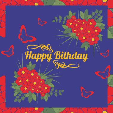 Tebrik kartı tasarım şablonu. Kelebekli parlak çiçek kartı. Tebrik kartı, basılı ürünler, tatil kartları, Sevgililer Günü, düğün davetiyeleri. Vektör illüstrasyonu