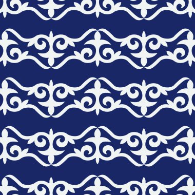 Etnik unsurlu dekoratif, pürüzsüz desen. Kırgız ve Kazak, Özbek, Tatar, Yakut süslemeleri. Arka plan için doku, duvar kağıdı, tatil, kumaş, hediye paketi, ev yapımı tekstil. Vektör.