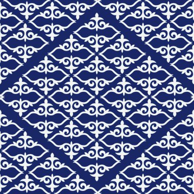 Etnik unsurlu dekoratif, pürüzsüz desen. Kırgız ve Kazak, Özbek, Tatar, Yakut süslemeleri. Arka plan için doku, duvar kağıdı, tatil, kumaş, hediye paketi, ev yapımı tekstil. Vektör.