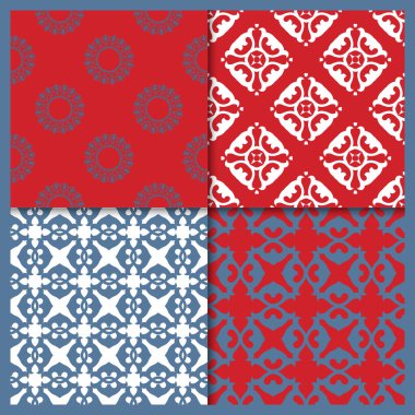 Ev yapımı tekstil için 4 adet dekoratif kusursuz desen. Soyut doku tasarımları arka planlar, motifler, tekstil, duvar kağıtları, kumaşlar, hediye ambalajları, şablonlar için kullanılabilir. Albüm için Tasarım Kağıdı.