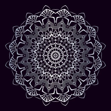 Siyah arka planda lüks süslemeli mandala tasarımı gümüş rengi. Kahve, kitap, çay ve kartvizit için tasarım şablonu. Ayrı bir süs. Vektör İllüstrasyonu.