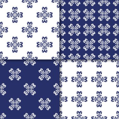 Ev yapımı tekstil için 4 adet dekoratif kusursuz desen. Doku tasarımları arka planlar, motifler, tekstil, duvar kağıtları, kumaşlar, hediye ambalajları, şablonlar için kullanılabilir. Albüm için tasarım kağıdı. Vektör.