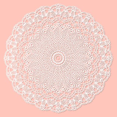 Mandala, dantel kâğıt altlık, kabartmalı desen, 3 boyutlu, yuvarlak element. Kağıt kesim tasarımı, lazer kesim şablonu. Kenarlı eski dantel altlık. Tasarımın için çiçekli yuvarlak peçete..