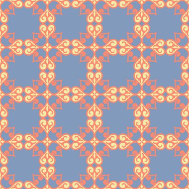 Etnik unsurlu dekoratif, pürüzsüz desen. Kırgız ve Kazak, Özbek, Tatar, Yakut süslemeleri. Arka plan için doku, duvar kağıdı, tatil, kumaş, hediye paketi, ev yapımı tekstil. Vektör.