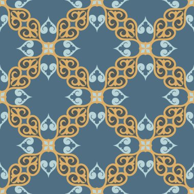 Etnik unsurlu dekoratif, pürüzsüz desen. Kırgız ve Kazak, Özbek, Tatar, Yakut süslemeleri. Arka plan için doku, duvar kağıdı, tatil, kumaş, hediye paketi, ev yapımı tekstil. Vektör.