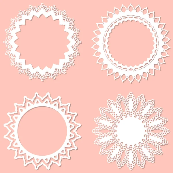 Set of 4 round frame with swirls, vector ornament, vintage frame. White frame with lace for paper or wood cutting. Doily ornament. Round decor pattern.