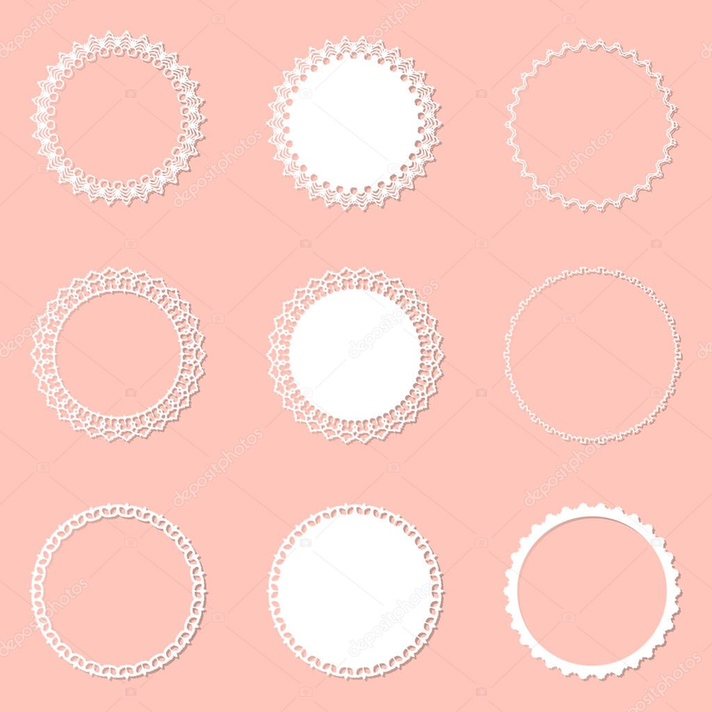 Set of 9 round frame with swirls, vector ornament, vintage frame. White frame with lace for paper or wood cutting. Doily ornament. Round decor pattern.