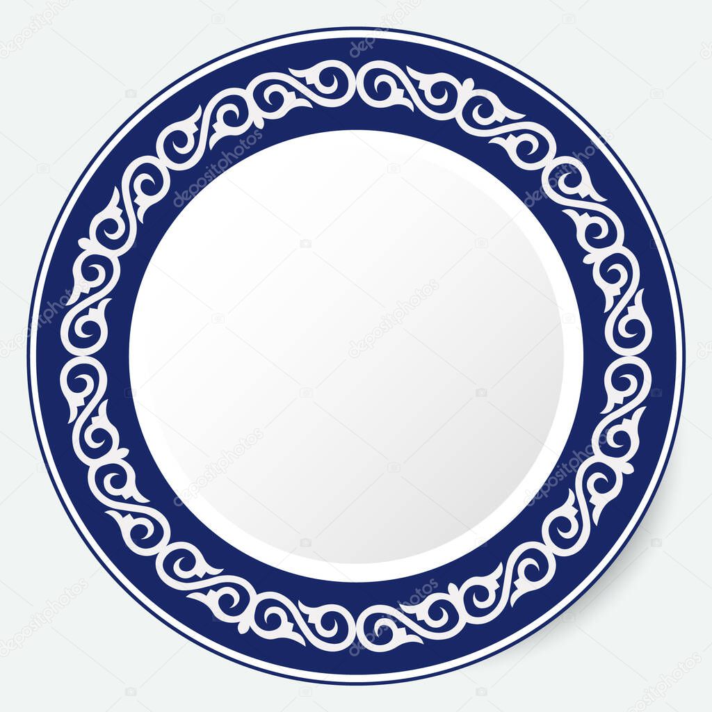 Circle frame, workpiece for your design. Ornamental elements and motifs of Kazakh, Kyrgyz, Uzbek, national Asian decor for plate, textile and print design. Round frame. Vector. 