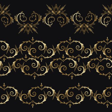 Üç adet lüks dantelli süs seti siyah arka planda altın rengine sınır komşusudur. Altın Sınır. Duvar kağıdı için tasarım şablonu. Ayrı bir süs. Vektör İllüstrasyonu.