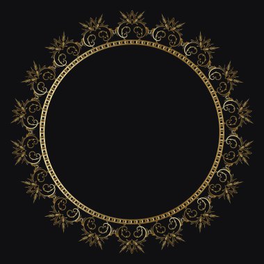 Siyah arka planda altın renkli lüks bir çerçeve. Kafe, restoran, dükkan, baskı, pul, zarif kart için süslemeli çerçeve. Düğün davetiyeleri, izole bir unsur. Vektör