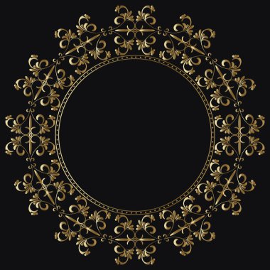 Siyah arka planda altın renkli lüks bir çerçeve. Kafe, restoran, dükkan, baskı, pul, zarif kart için süslemeli çerçeve. Düğün davetiyeleri, izole bir unsur. Vektör