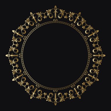 Siyah arka planda altın renkli lüks bir çerçeve. Kafe, restoran, dükkan, baskı, pul, zarif kart için süslemeli çerçeve. Düğün davetiyeleri, izole bir unsur. Vektör