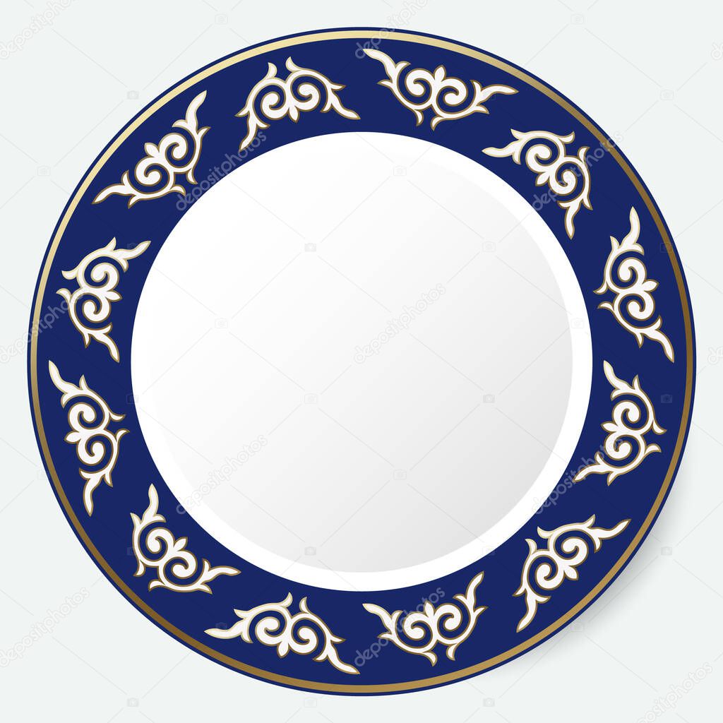 Circle frame, workpiece for your design. Ornamental elements and motifs of Kazakh, Kyrgyz, Uzbek, national Asian decor for plate, textile and print design. Round frame. Vector. 