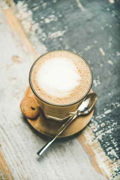Latte Coffee Glass Wood Textured Background — Stok Foto