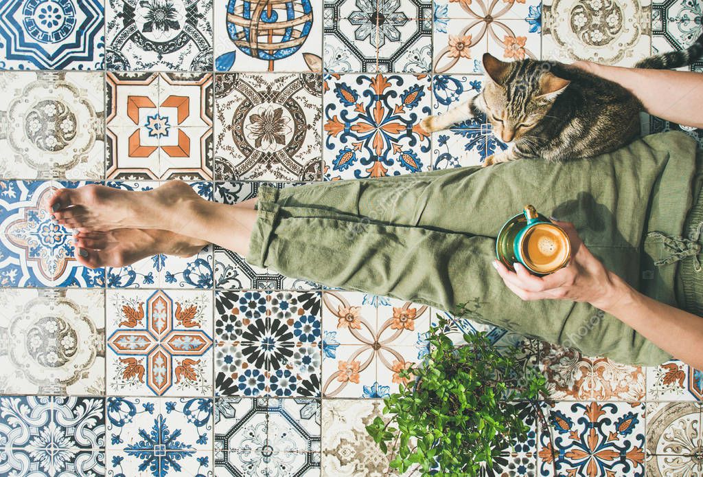 Womans legs in cosy linen pants, plant, cat and cup of coffee in hand over colorful moroccan tile floor