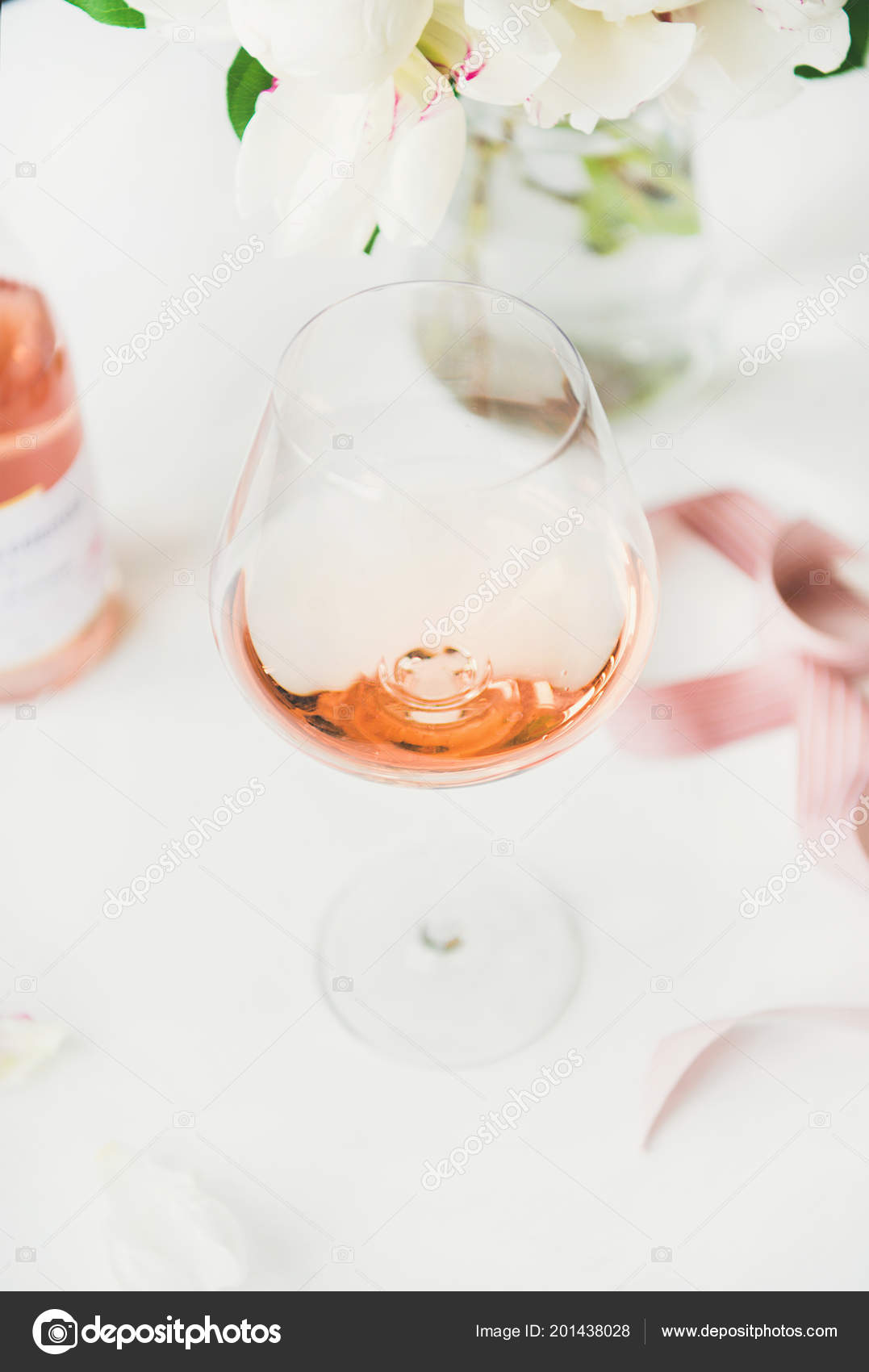 Rose Wine Glass Pink Decorative Ribbon Peony Flowers White