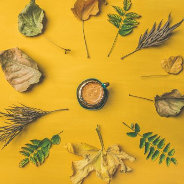 Espresso fincan kurutulmuş sarı ve yeşil ağaç tarafından çevrili hardal sarı boyalı ahşap arka plan üzerinde bırakır