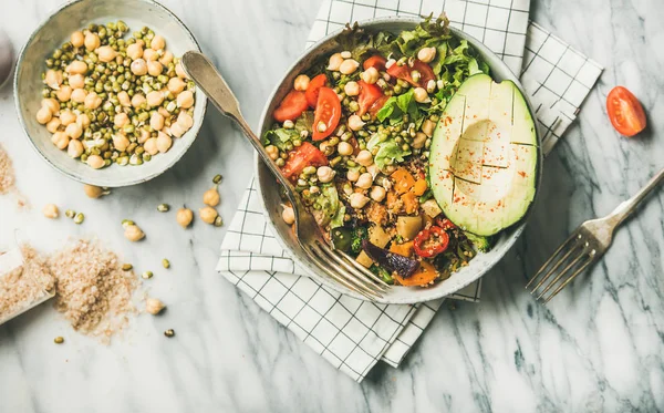 Vegan Lunch Bowl Dinner Avocado Grains Beans Sprouts Greens Vegetables — Stock Photo, Image