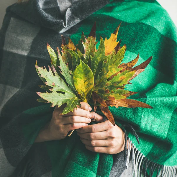 Mulher Lenço Verde Quente Cheque Lenço Cobertor Com Outono Caído — Fotografia de Stock
