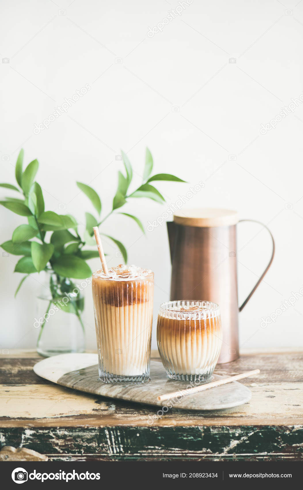 Iced Coffee Glasses Milk Straws Board Rustic Wooden Table White