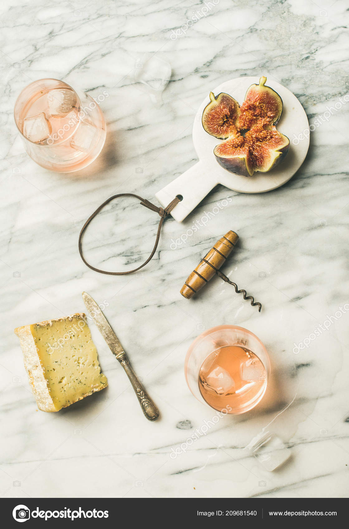 Glass Rose Wine Ice Cubes Cheese Fresh Figs Marble Background Stock