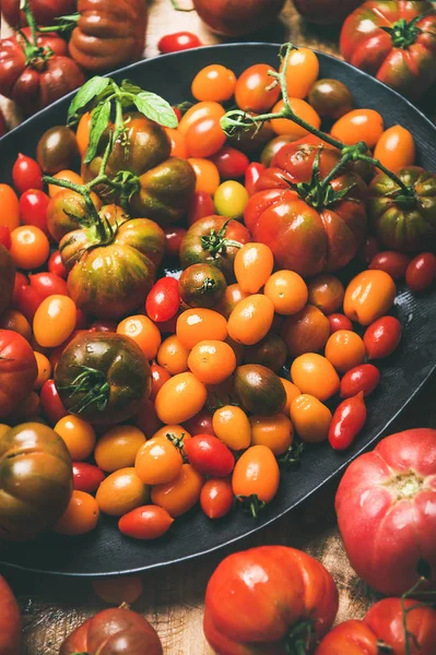 Fresh Colorful Ripe Fall Summer Heirloom Bunch Cherry Tomatoes Plate — Stock Photo, Image