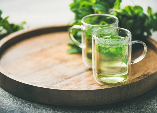 热草药薄荷茶饮料在木托盘上的玻璃杯与新鲜花园薄荷叶 — 图库照片