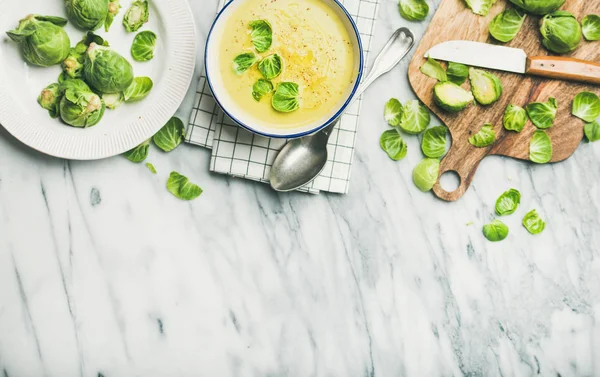 Brussels Sazonais Brotos Sopa Creme Vegetal Tigela Brotos Brussel Verde — Fotografia de Stock