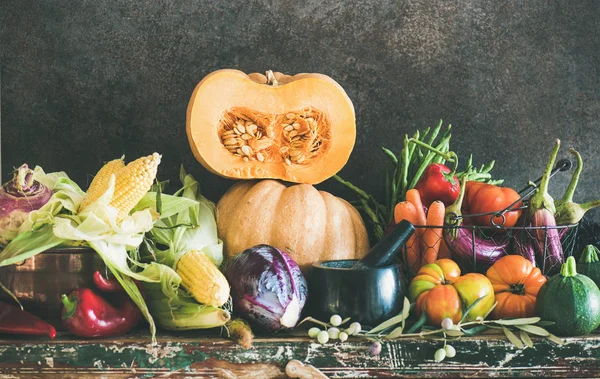 Herbst Vegetarische Zutatenvielfalt Sortiment Verschiedener Herbstgemüse Für Gesundes Kochen Über — Stockfoto