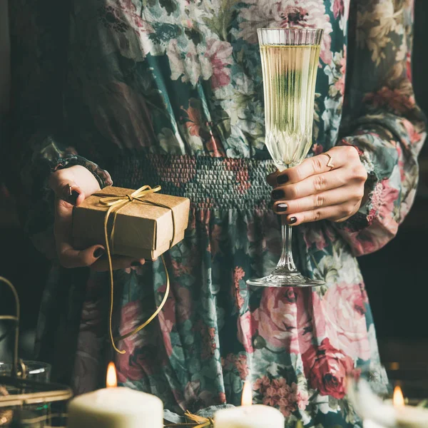 Woman Festive Dress Holding Glass Champaigne Gift Box Hands Holiday — Stock Photo, Image