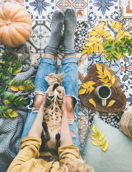 Female Sitting Colorful Tiled Floor Cat Fallen Leaves Warm Blanket — Stock Photo, Image