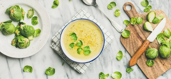 Flat Lay Seasonal Brussels Sprouts Vegetable Cream Soup Bowl Fresh — Stock Photo, Image