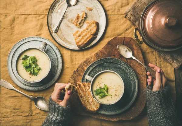 Осенний Зимний Домашний Ужин Плоская Укладка Греющего Сельдерей Кремового Супа — стоковое фото