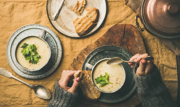 Outono Jantar Casa Inverno Flat Lay Outono Aquecendo Sopa Creme — Fotografia de Stock