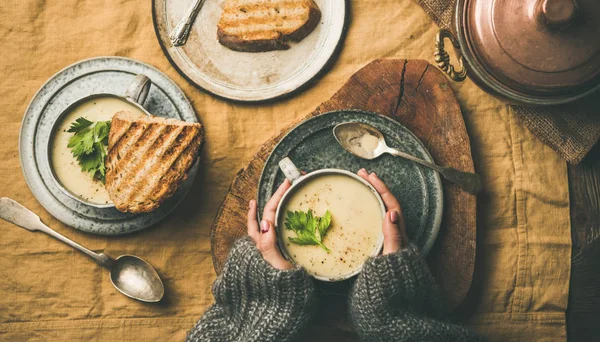 Jesień Zima Domu Obiad Mieszkanie Lay Upadku Ocieplenie Zupa Krem — Zdjęcie stockowe