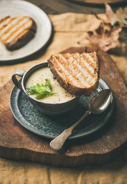 Autumn Winter Home Dinner Fall Warming Celery Cream Soup Cup — Stock Photo, Image