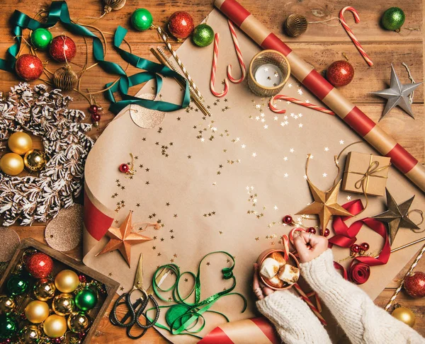 Sto Preparando Nuovo Anno Posa Piatta Cioccolata Calda Con Marshmallow — Foto Stock